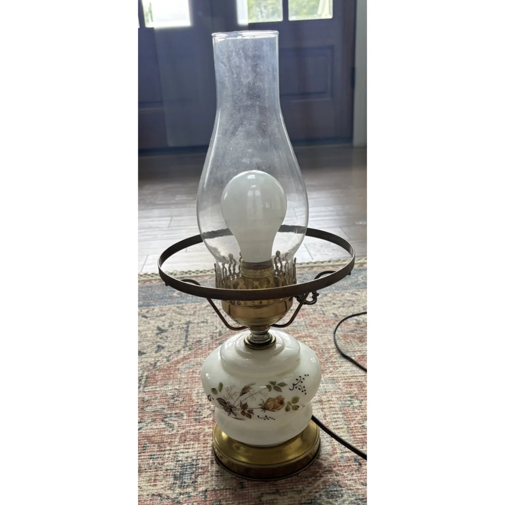 Vintage Hurricane 3 way lamp White, Soft Blue Flowers w/brown & green accents